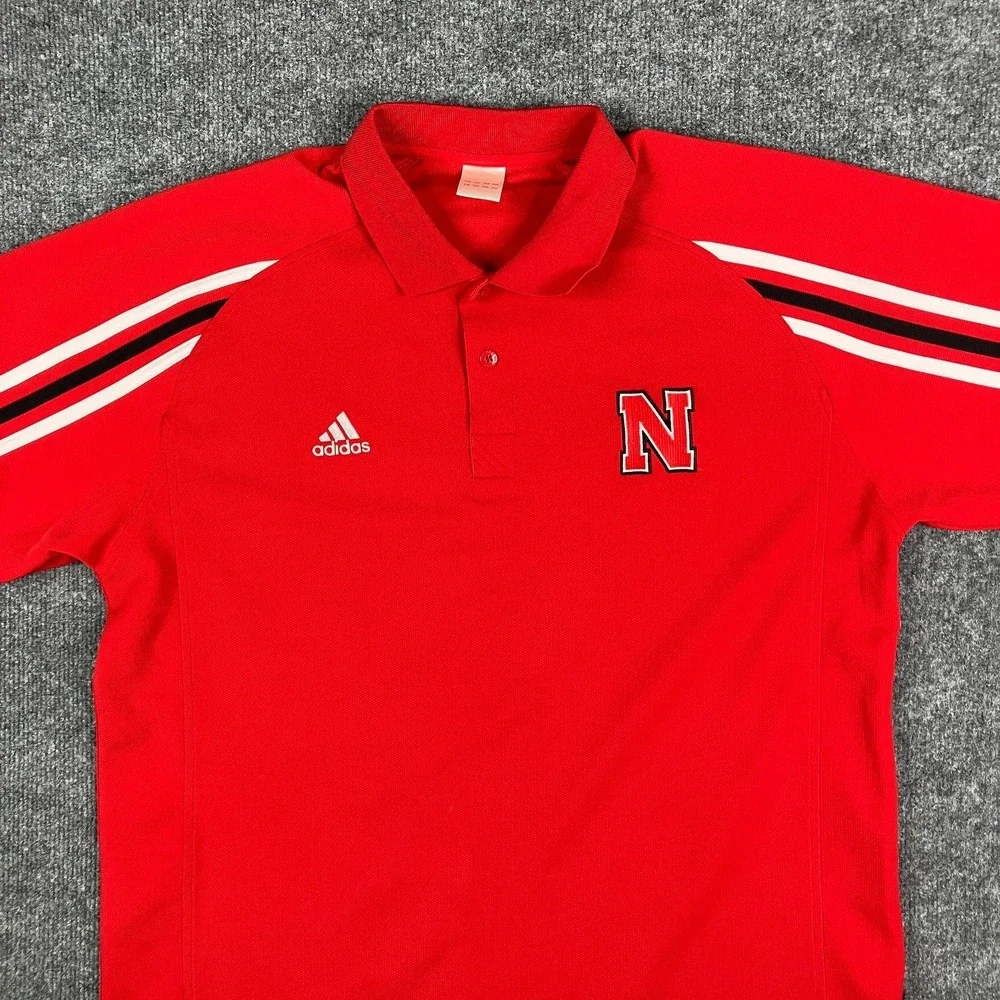 Adidas Polo Mens L Red‎ Nebraska Cornhuskers NCAA Logo Short Sleeve Athletic